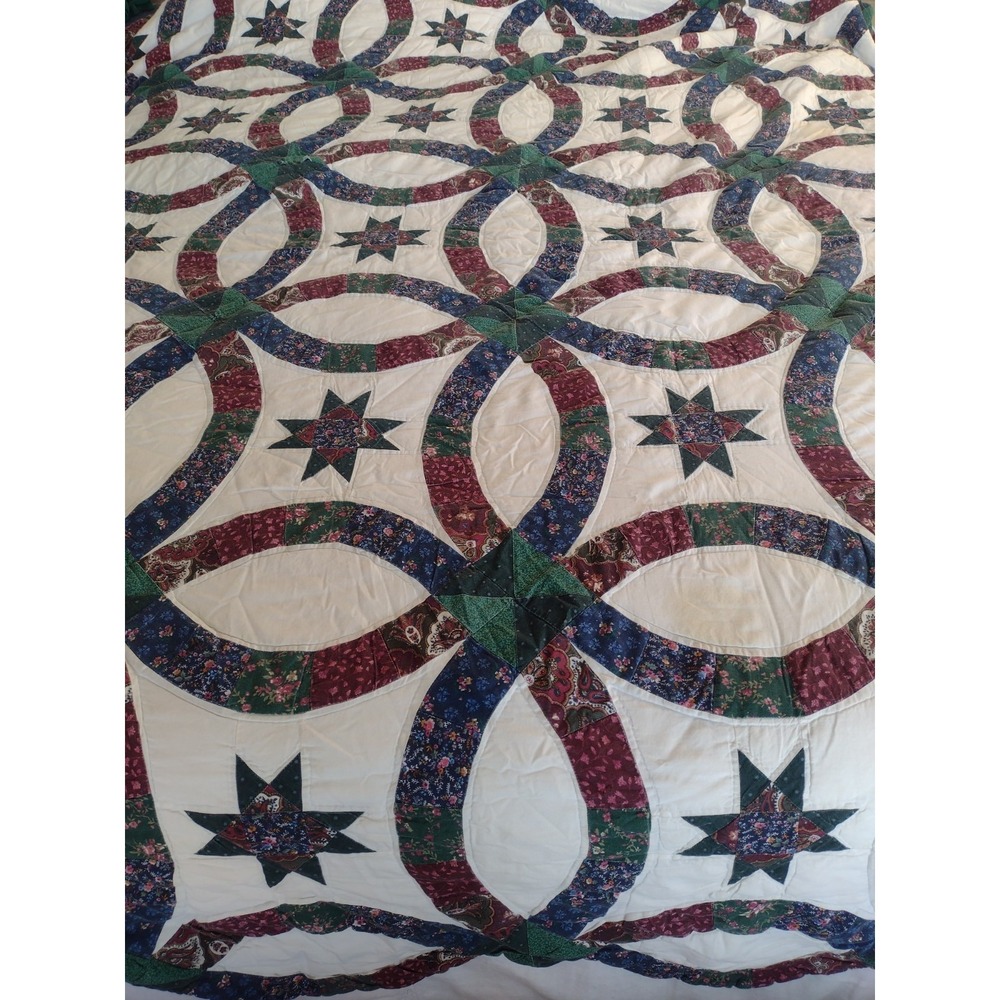 Vtg Double Wedding Ring Cutters Quilt 85x79"Arch Quilts Hand Stitched Damaged